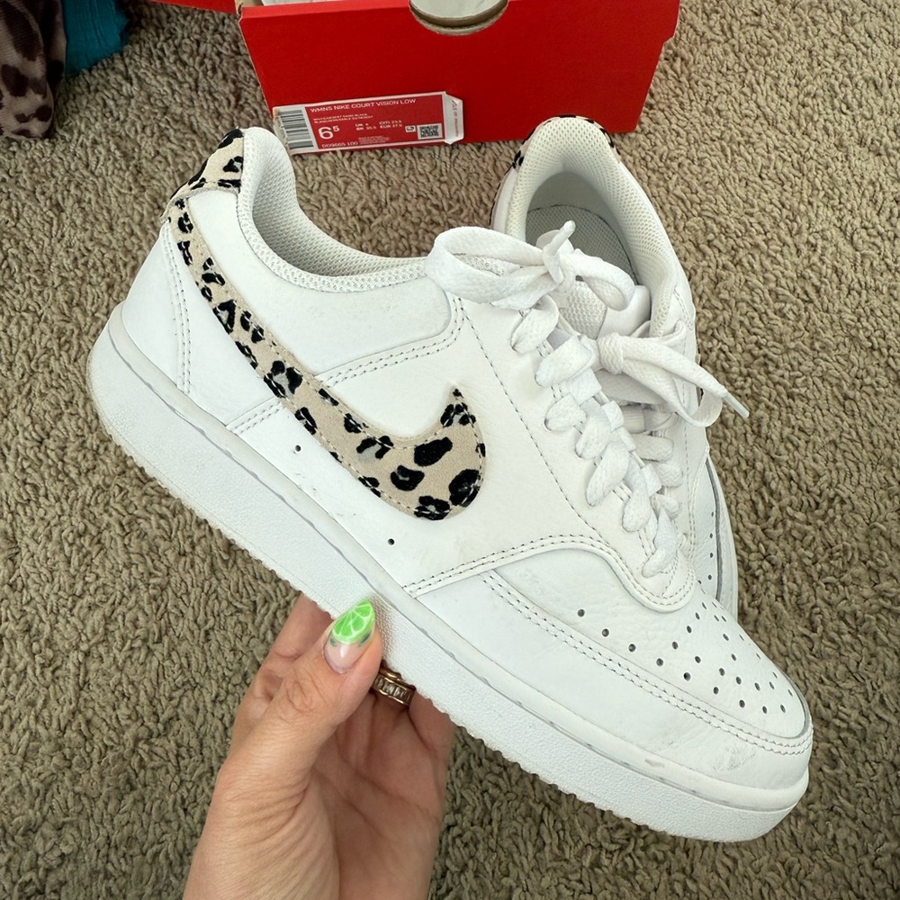 Nike Women's White Sneakers with Leopard Print Swoosh